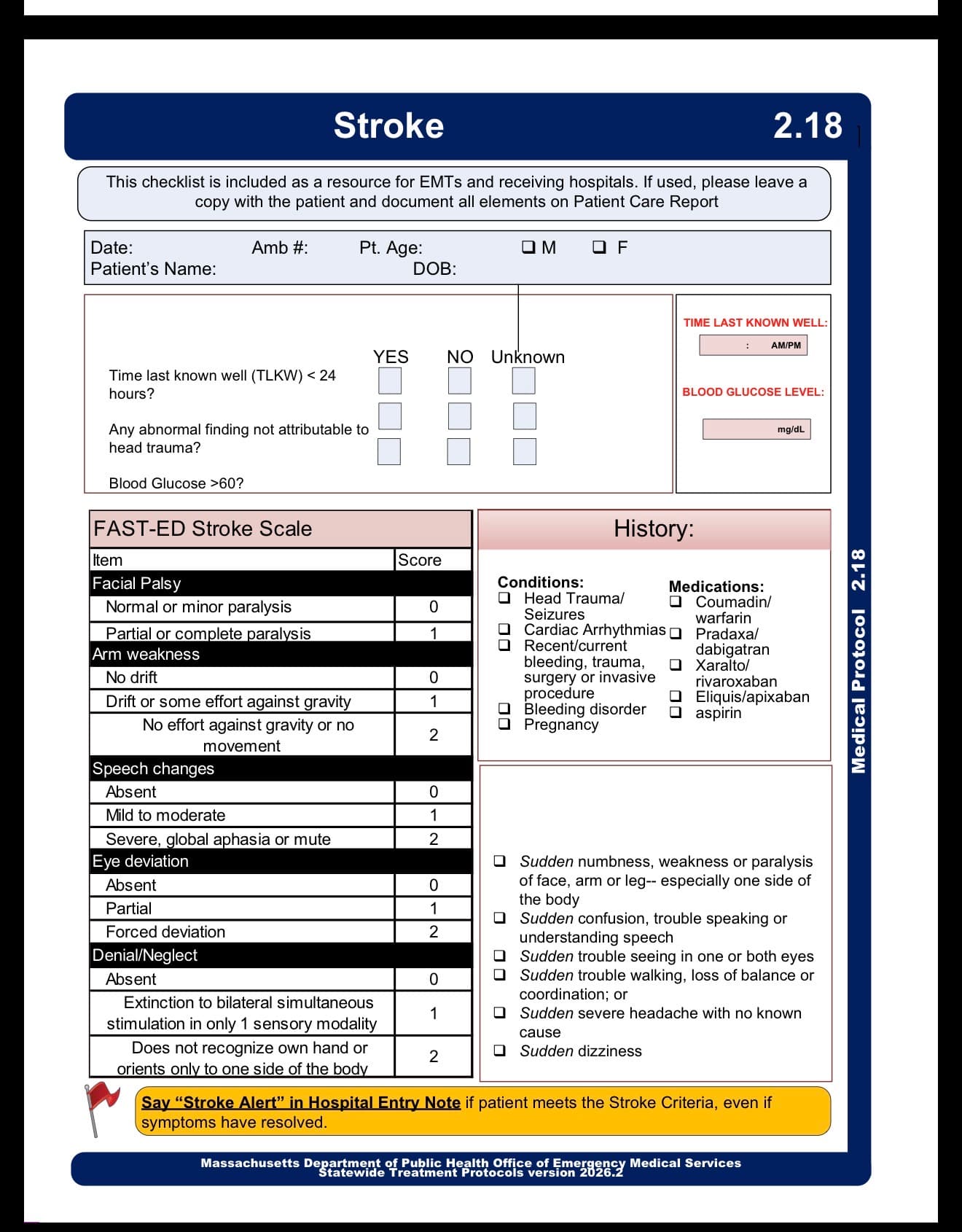 Massachusetts FAST-ED stroke checklist
